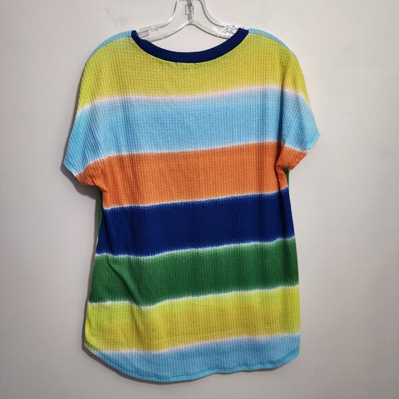 Viamor soft colorful striped waffle knit short sleeve shirt woman's size large - Picture 3 of 6
